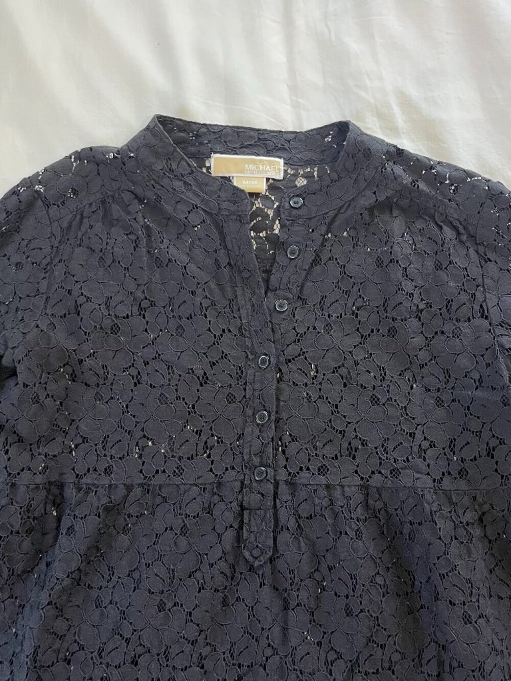 Michael by Michael Kors Black Lace 1/4 Button Long Sleeve Blouse - Picture 3 of 5